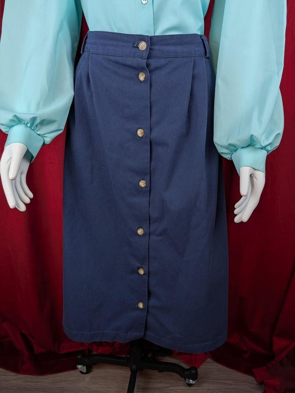 Vintage 80's Bedford Fair Navy Blue A-Line Button Up Midi Skirt